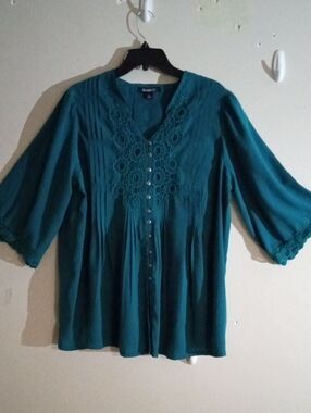 Teal Crochet-Front Elegance with Button-Down Boho Blouse from Romans